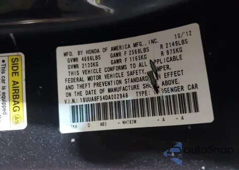 2013 Acura Tl 3.5 из США, поврежденный, VIN 19UUA8F54DA002948